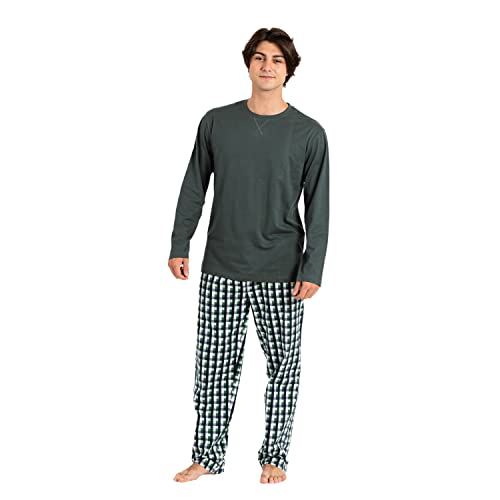 PimpamTex Pijama Franela de Hombre con Camiseta Manga Larga y Pantal贸n, Conjunto de Pijama de Invierno 100% Algod贸n y Franela para Hombre y Chico - (XL, YAN Verde)