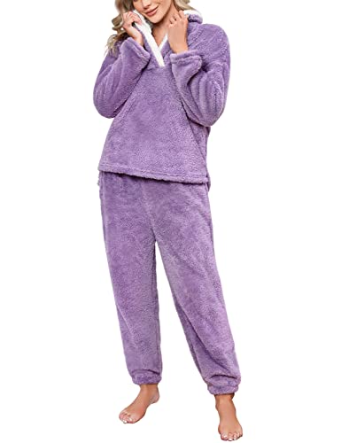 Niwicee Pijama para Mujer Invierno Conjunto de Pijama Forro Polar Super Suave Ropa de Dormir 2 Piezas Damas Ropa de Noche Manga Larga cÃ¡lida y Pantalones Largos con Bolsillo(Morado,M)