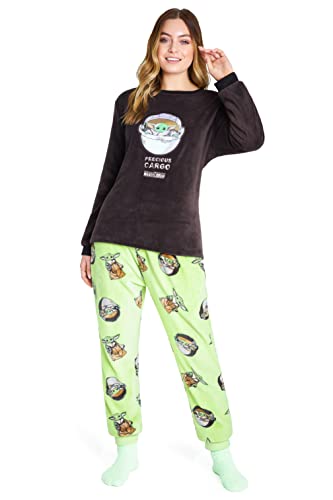 Disney Pijama Mujer Invierno de Polar con Calcetines Stitch Mickey Minnie Baby Yoda (Verde Mandalorian, M)
