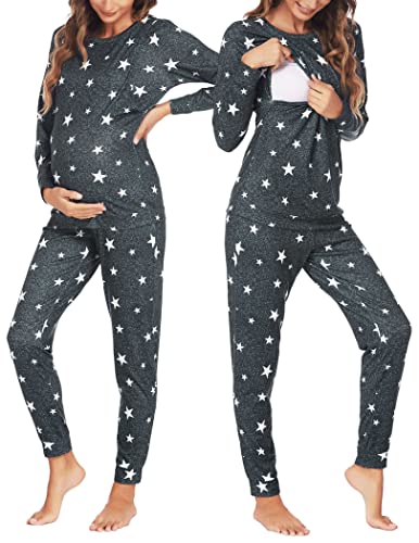 Ekouaer Pijama de Lactancia para Mujer de Manga Larga a Rayas trmico para Invierno para Embarazo Lactancia, Gris Oscuro, S