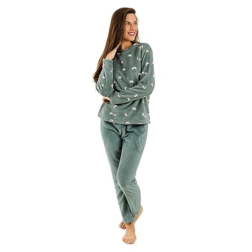 TRAMAS+ Pijama Coral Mujer para Invierno Suave y Calentito, Conjunto de Pijama SÃºper CÃ³modo para Dormir y Estar en Casa - (S, Tabitha Verde Frances)