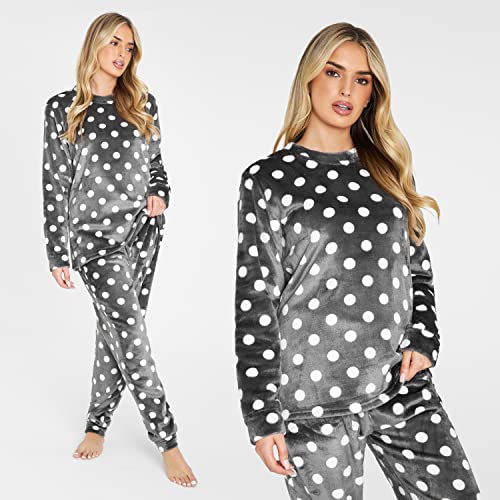 CityComfort Pijama Mujer Invierno de Lunares Forro Polar (L, Gris)