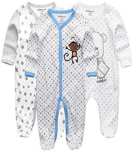 Kiddiezoom Pack de 3 peleles para bebÃ© y niÃ±a, Gray Bear & Star & Light Blue Monkey, 6-9 meses